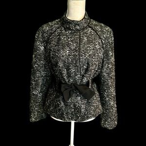 Sandro Black & White Marled Tweed Button Up Jacket with Black Satin Belt Sz XLP